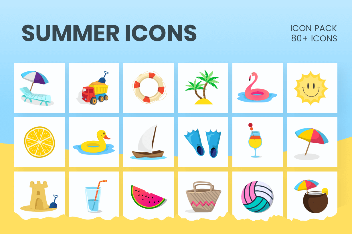 81 Modern Summer Icons Set GraphicMama